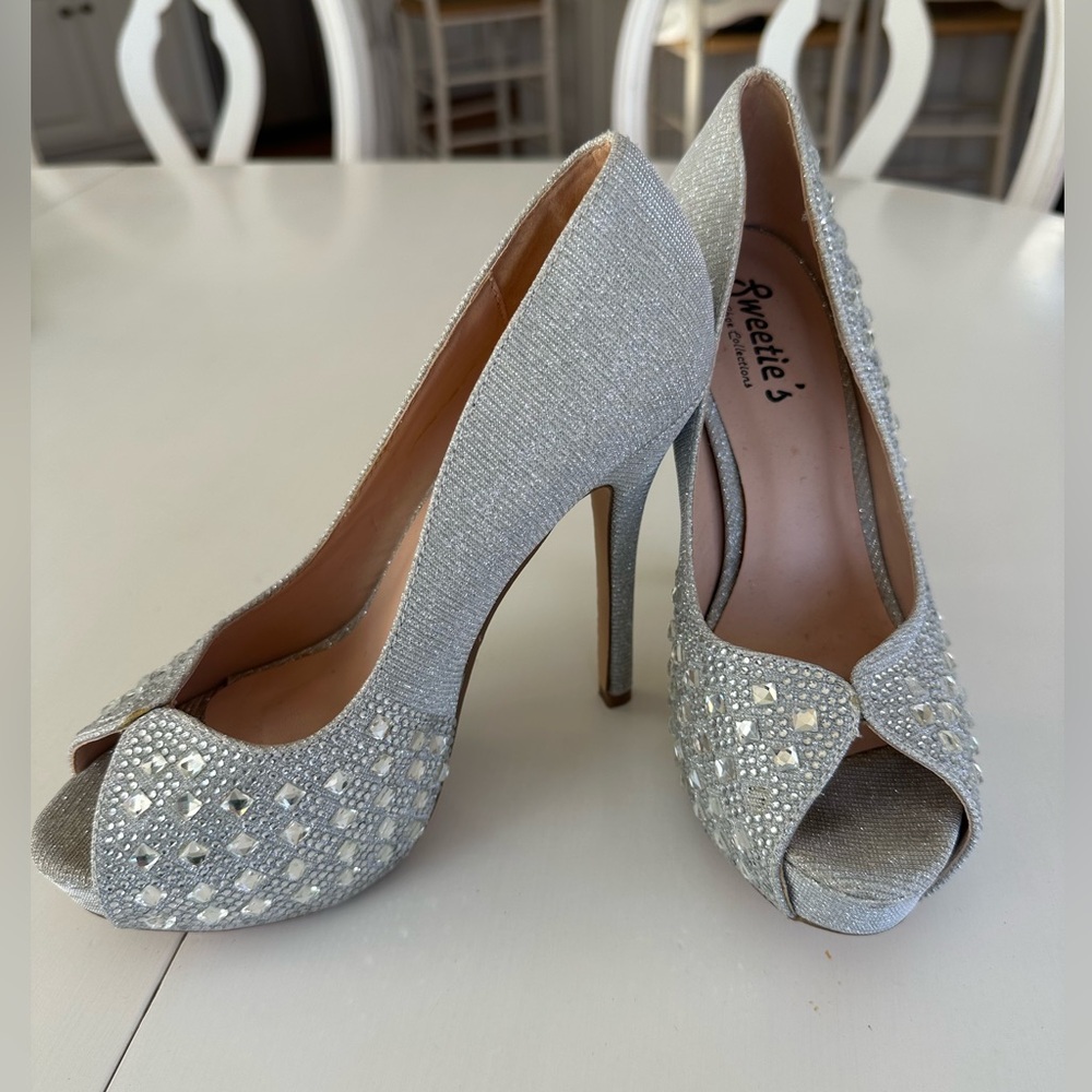 Silver Embellished Peep Toe Heels